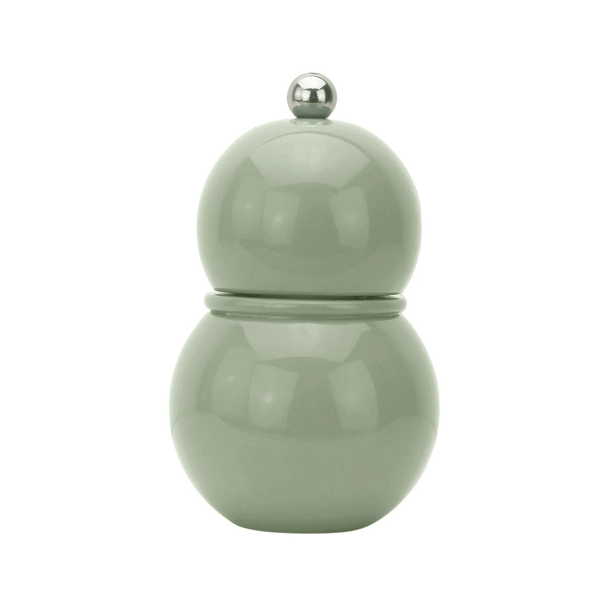The ADDISON ROSS LONDON Chubbie Salt or Pepper Mill 12cm is a light gray, glossy, double-gourd-shaped lacquered grinder with a ceramic mechanism and silver knob, shown on a plain white background.
