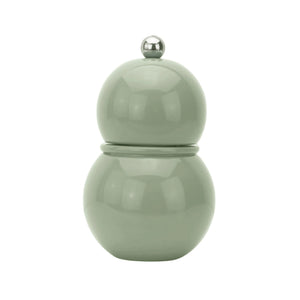 The ADDISON ROSS LONDON Chubbie Salt or Pepper Mill 12cm is a light gray, glossy, double-gourd-shaped lacquered grinder with a ceramic mechanism and silver knob, shown on a plain white background.