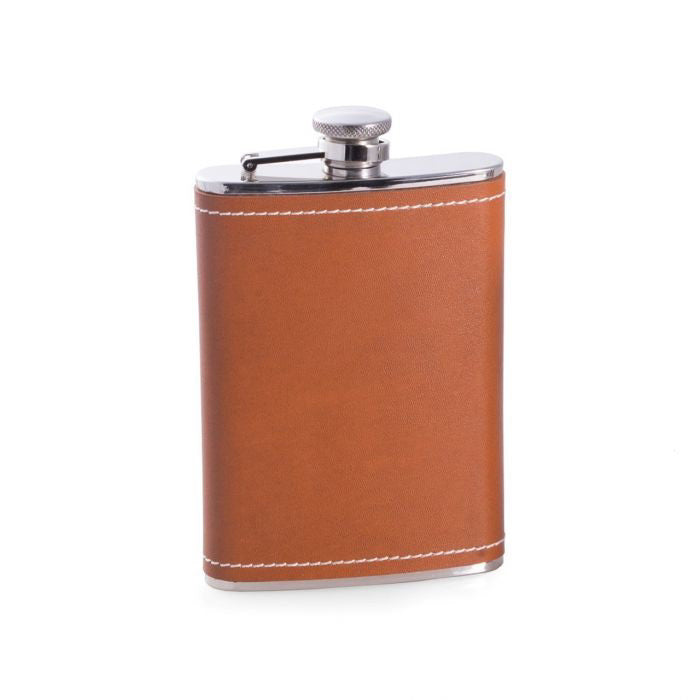 The BEYBERK INTERNATIONAL STAINLESS STEEL AND LEATHER FLASK features brown leather with white stitching, holds 8 oz, and is shown against a plain white background.