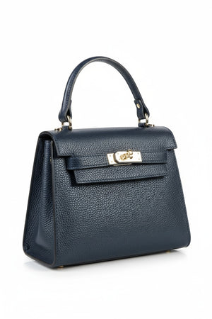 The LE BORSETTE LEATHER SATCHEL BAG is a small, structured satchel-shaped handbag in light pink, featuring a gold clasp at the front. It boasts a single top handle, an adjustable shoulder strap, and two gold-tone hardware pieces on either side of the handle. The textured leather adds to its luxurious and elegant appearance against the plain white background.