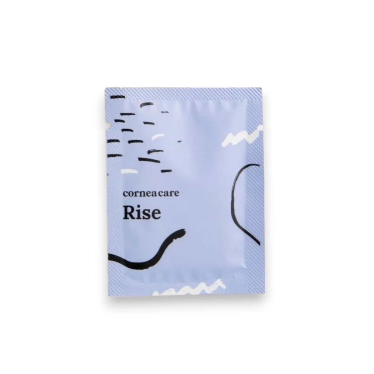 A person in a gray sleeve holds a &quot;CORNEACARE - RISE EYELID WIPES&quot; package, removing a white textured cloth infused with tea tree oil. In the background, there&#39;s a white shelf and sheer curtains, hinting at an eyelid care routine.