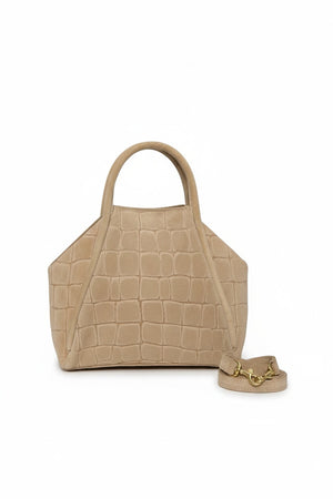 Fearrington Village OLIVEVE Taya top handle bag in ecru Italian croco-embossed suede with brass hardware