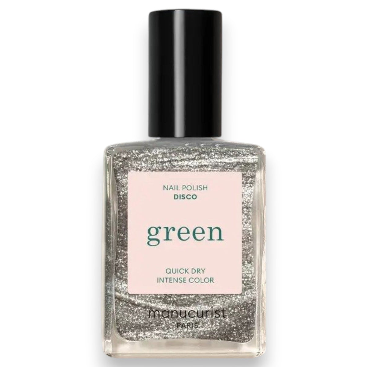 A transparent glass bottle of MANUCURIST - GREEN™ Nail Polish in Disco by MANUCURIST INC contains a sparkling silver glitter vegan polish. The bottle features a black cap and a white label adorned with green and black text.