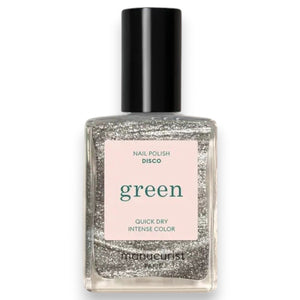 A transparent glass bottle of MANUCURIST - GREEN™ Nail Polish in Disco by MANUCURIST INC contains a sparkling silver glitter vegan polish. The bottle features a black cap and a white label adorned with green and black text.