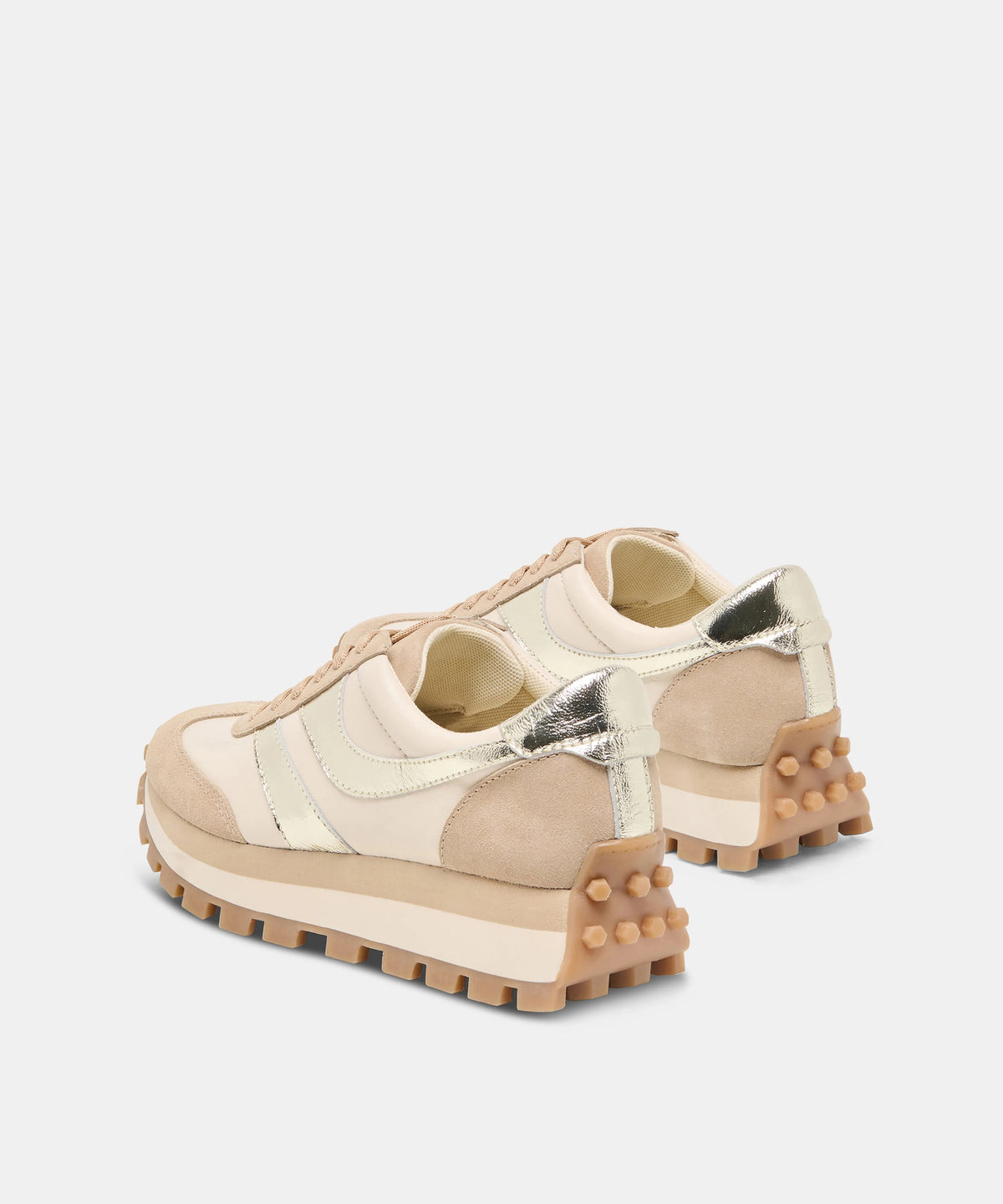 DOLCE VITA - TRESA SNEAKERS IN WHITE & GOLD SUEDE, a low-top sneaker in beige and layered suede with metallic gold accents and a sporty lug sole.