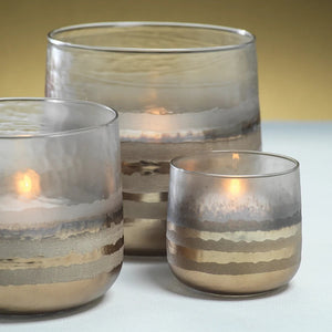 SMOKE HURRICANE 5-inch cylindrical glass hurricane featuring horizontal metallic bands in shades of silver and gold.