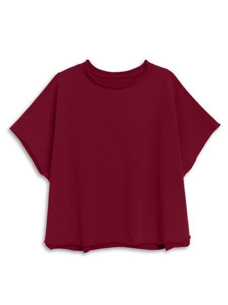 The FRANK &amp; EILEEN Olive Original Capelet in Garnet is a loose-fit, solid dark red short-sleeve top made from soft three-yarn knit—perfect for layering, shown against a white background.