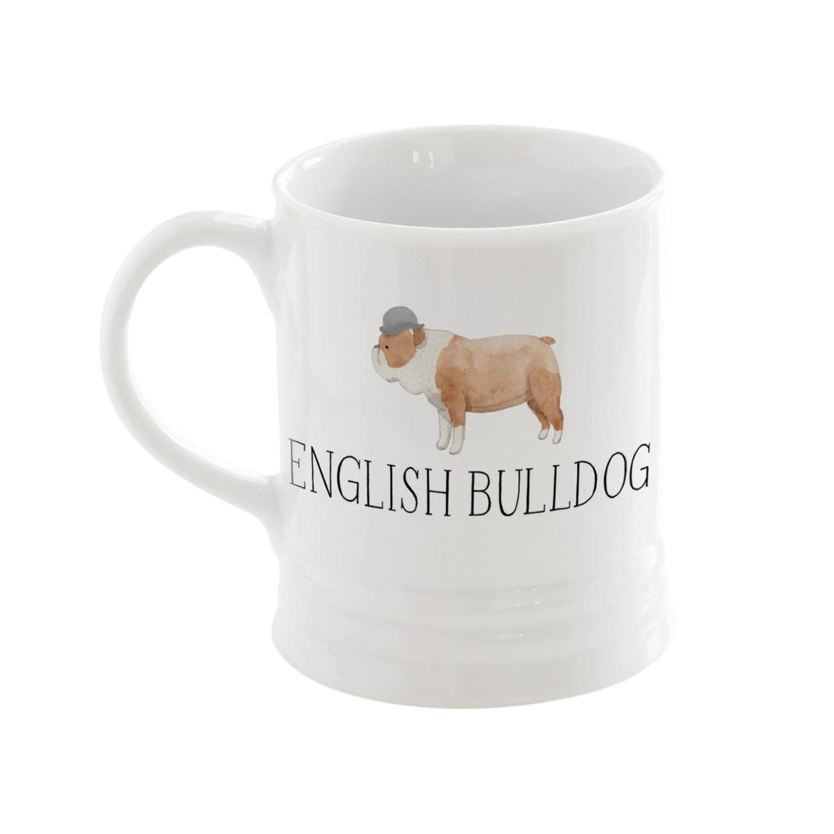 The PET SHOP BY FRINGE STUDIO "FRINGE STUDIO - CERAMIC ENGLISH BULLDOG MUG" features a white ceramic design with "BEST DOG" on the inner rim, “ENGLISH BULLDOG” on the front, and charming watercolor art of an English Bulldog sporting a gray bowler hat. Perfect for dog lovers, this whimsical mug adds playful style to your morning routine.