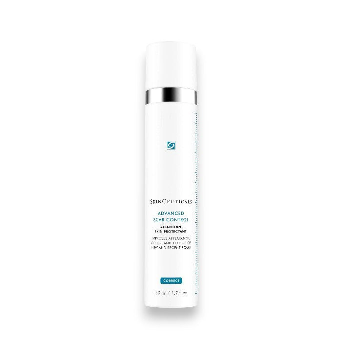 Packaging of SKIN CEUTICALS - ADVANCED SCAR CONTROL. The blue-green box emphasizes the product&#39;s capabilities in both smoothing existing scars and preventing new ones. It features a panel that lists drug facts, including active ingredients, usage warnings, and directions for use.