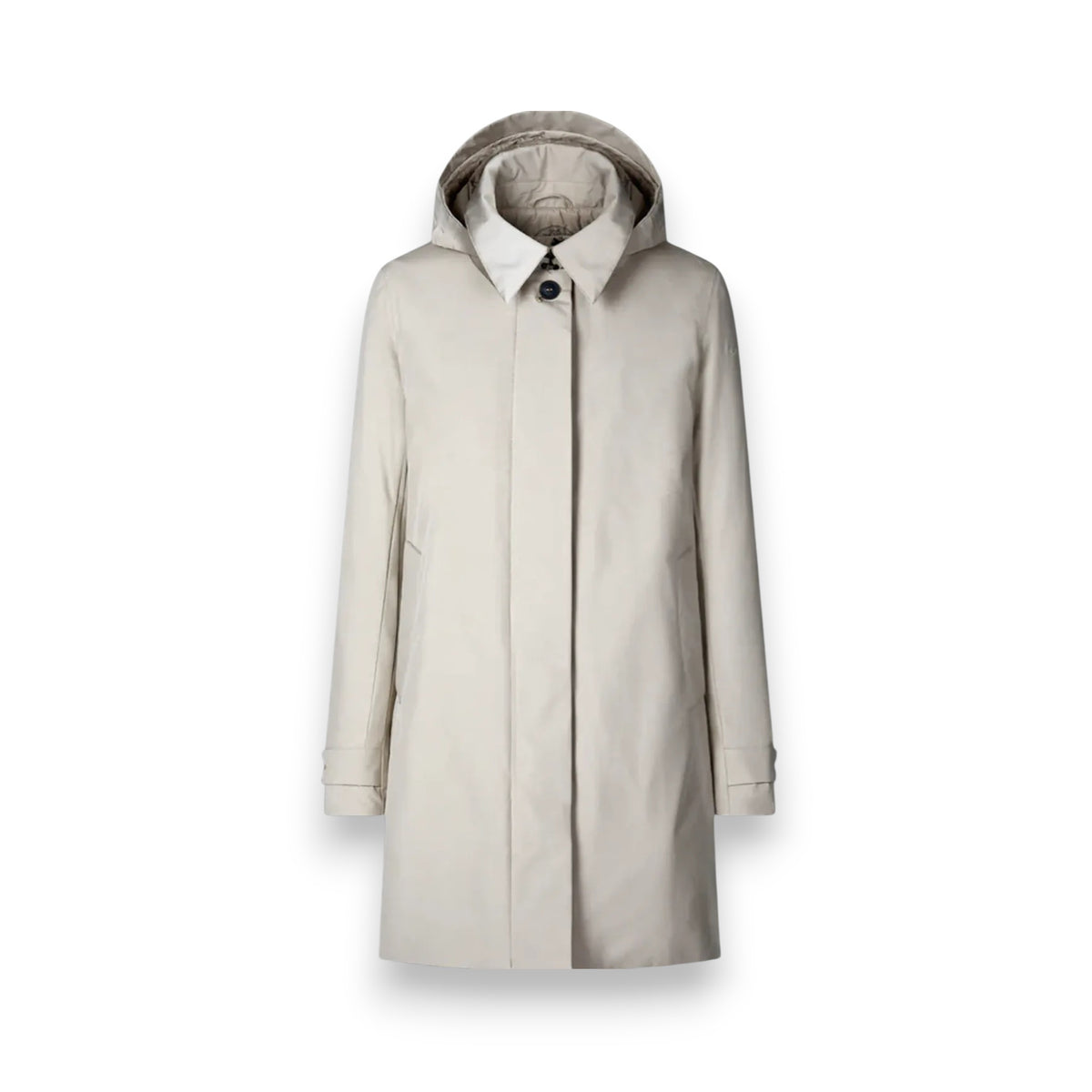 The SAVE THE DUCK - EMBIE COAT is a light beige, mid-length women&#39;s raincoat by SAVE THE DUCK, made from waterproof recycled polyester with a hood, buttoned front, side pockets, and adjustable cuffs. Shown on a plain white background.