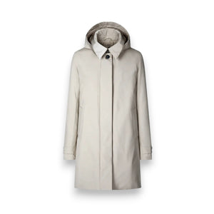 The SAVE THE DUCK - EMBIE COAT is a light beige, mid-length women's raincoat by SAVE THE DUCK, made from waterproof recycled polyester with a hood, buttoned front, side pockets, and adjustable cuffs. Shown on a plain white background.