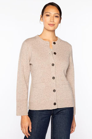The KINROSS CASHMERE Doubleknit Fitted Crew Neck Cardigan features beige wool-cashmere fabric, long sleeves, ribbed cuffs and hem, front pockets, and a round neckline, shown on a plain white background.