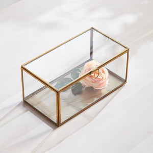 The NAPA HOME AND GARDEN - ARWEN RECTANGULAR BOX features a glass and brass design with a gold frame and round handle, perfect for showcasing plants, mementos, or decor items. Its transparent walls and minimalist style make it an ideal addition to any home.
