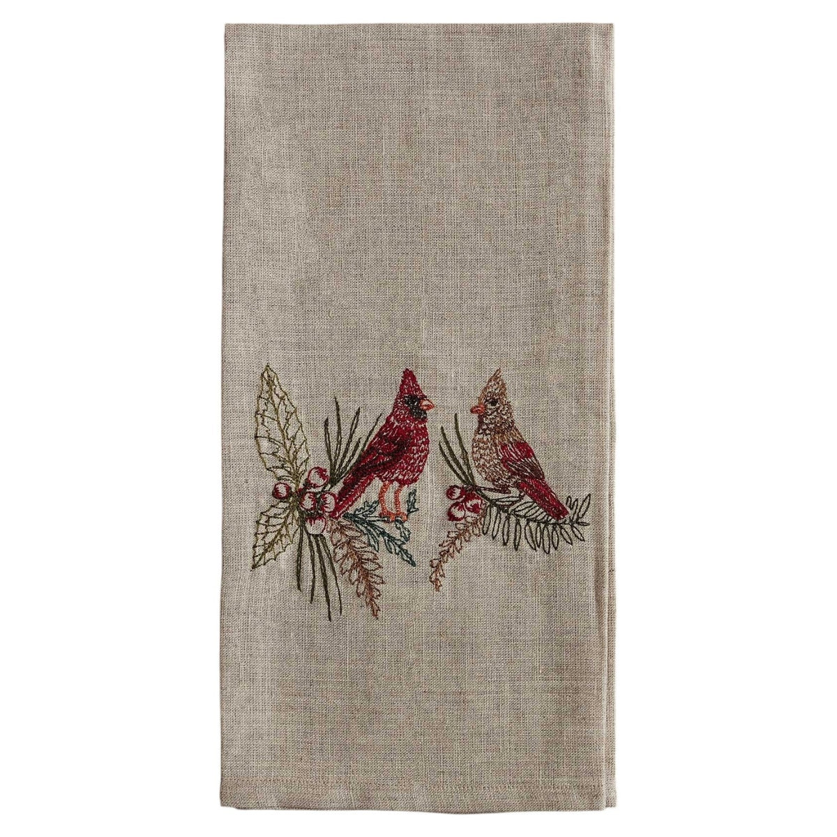 A CORAL & TUSK CHRISTMAS CARDINALS LINEN TEA TOWEL made of embroidered natural flax fiber featuring two cardinals perched on pine branches with berries.