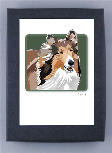 The PAPER RUSSELLS - COLLIE BOX NOTES features an illustration of a Collie with a brown, black, and white coat on green recycled paper. It&#39;s framed with a black border, includes &quot;Collie&quot; in small text at the bottom right, and is proudly made in the USA.