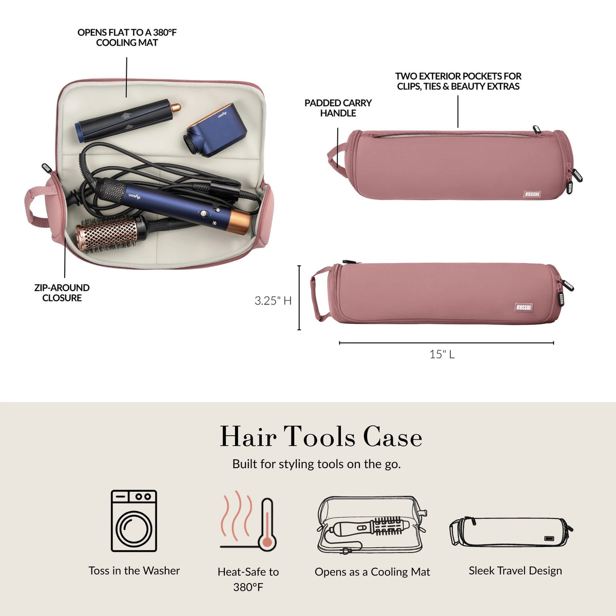 The KUSSHI - HAIR TOOLS TRAVEL CASE IN BLACK is a black cylindrical case by KUSSHI, featuring a handle, black zipper pulls, a white "KUSSHI" label on the front, pink lining accents, and is machine washable for convenience.