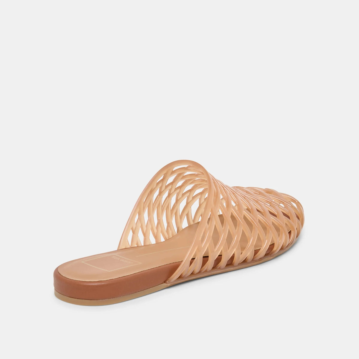 DOLCE VITA - GINNA JELLY FLATS IN WHISKEY featuring a tan jelly flat with a woven, crisscross cage design in a versatile slip-on sandal style.