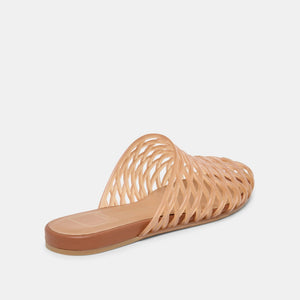 DOLCE VITA - GINNA JELLY FLATS IN WHISKEY featuring a tan jelly flat with a woven, crisscross cage design in a versatile slip-on sandal style.