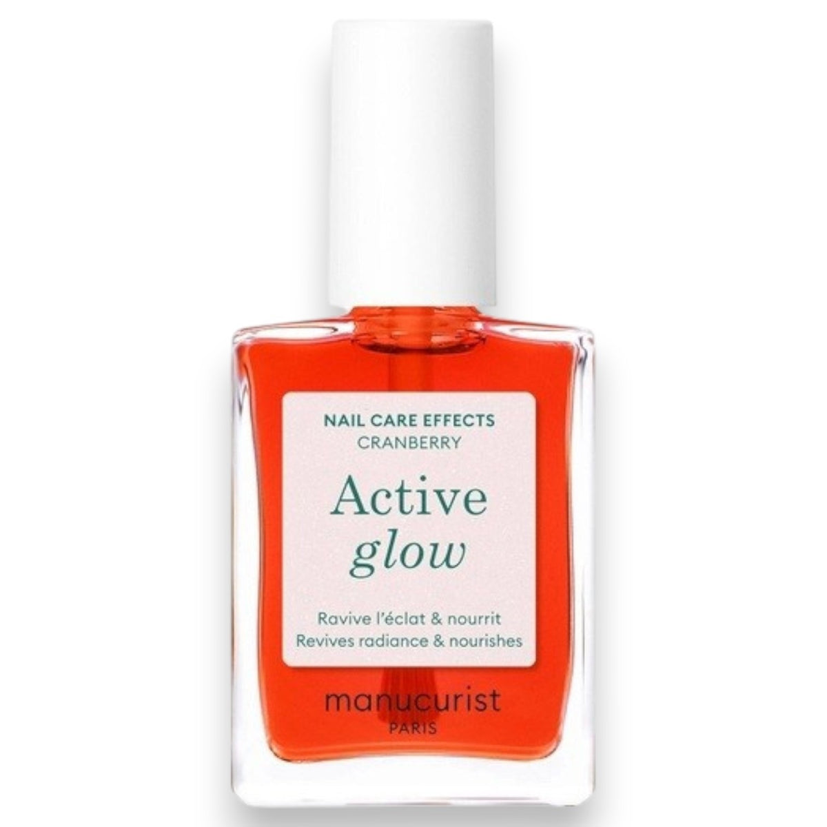 A pink serum drop labeled with its ingredients: raspberry extract (strengthens nails), AHAs (restore and harden), and sweet almond oil (nourishes). The text highlights that MANUCURIST - ACTIVE GLOW CARE POLISH by MANUCURIST INC is 85.5% plant-based—making it the ideal nail strengthener for achieving healthy, glass-like nails.