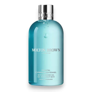 A 300ml blue bottle of MOLTON BROWN COASTAL CYPRESS BODY WASH features a silver cap and white label, shown against a white background.