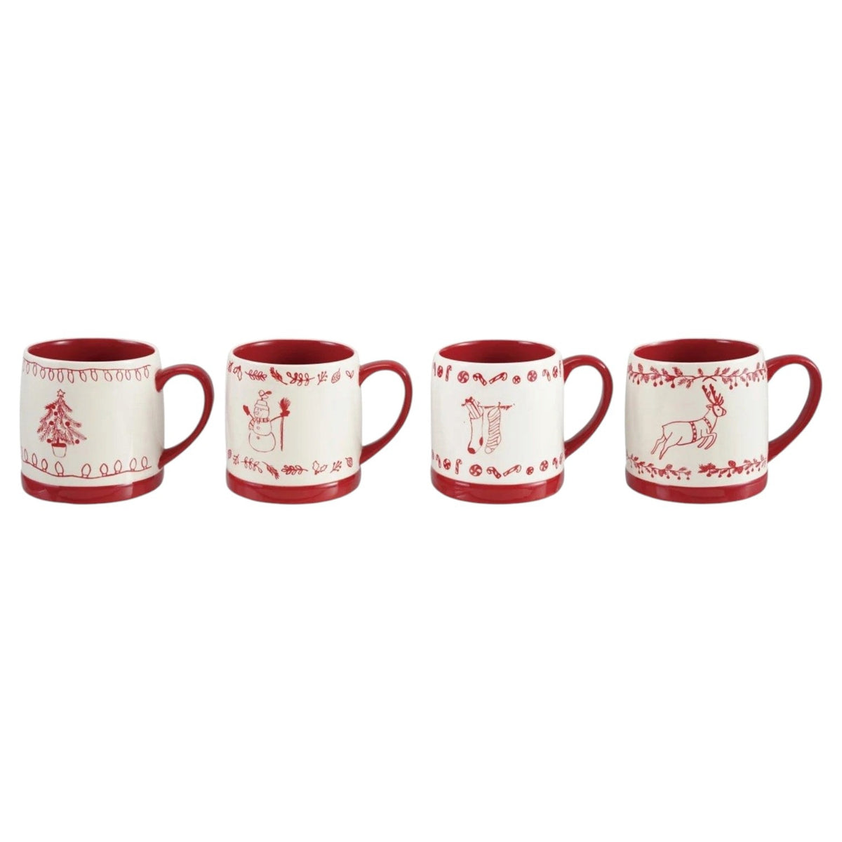 Creative Co-op stoneware mug with holiday design, red and white, featuring a white body with a red interior, base, and handle decorated with a red Christmas tree and string of lights pattern.