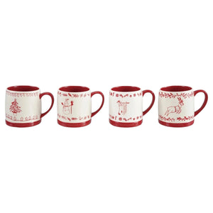 Creative Co-op stoneware mug with holiday design, red and white, featuring a white body with a red interior, base, and handle decorated with a red Christmas tree and string of lights pattern.