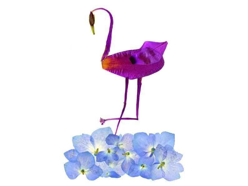 The PETAL PEOPLE PRESS - FLAMINGO CARD features a flamingo artfully made from vibrant purple petals, surrounded by whimsical light blue and pink flowers on a white background.