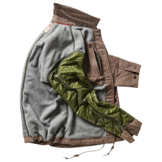 Three folded RELWEN Pile-Lined Chore Coats in Tobacco, Olive, and Charcoal are stacked, highlighting classic workwear style with buttoned front pockets and prominent stitching details. The rugged fabric texture and metal buttons of each RELWEN jacket are clearly visible.