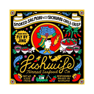 A can of FISHWIFE's SMOKED SALMON WITH FLY BY JING SICHUAN CHILI CRISP is open, its contents arranged neatly inside. The visible salmon and hint of chili crisp offer a zesty flavor boost against a plain white background for an appetizing display.