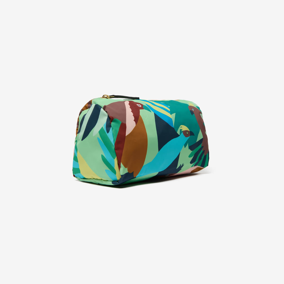 The INOUI EDITIONS VOYAGE NYLON CASE, SMALL features a vibrant tropical print with abstract birds in green, brown, blue, and orange on a light background. This artistic INOUI pouch is perfect as a travel organizer for your essentials.