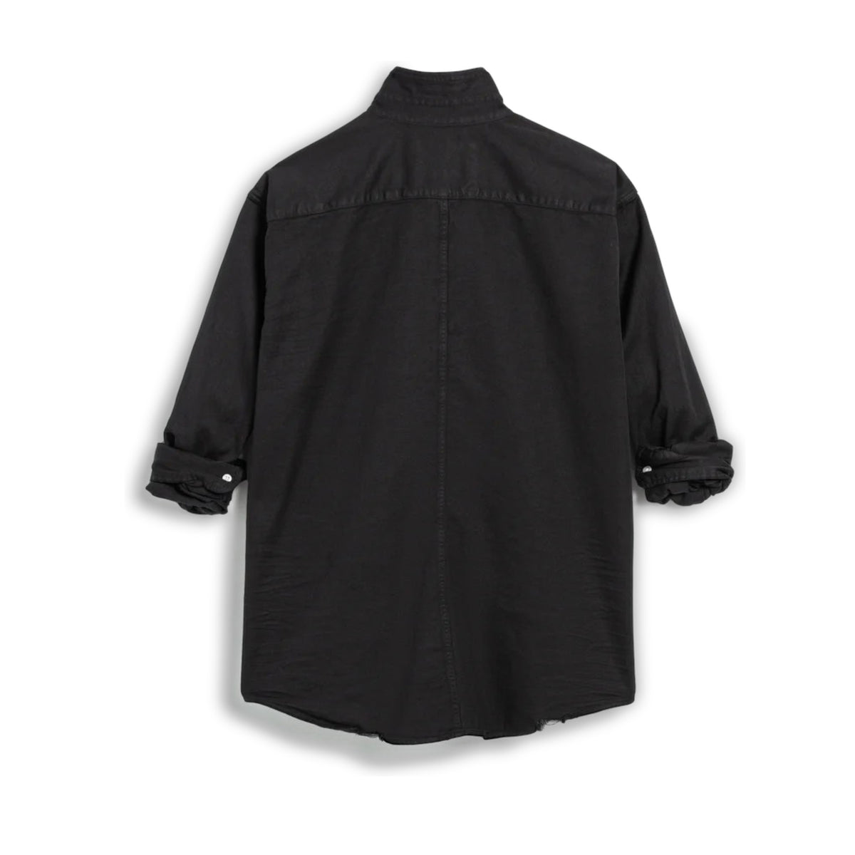The FRANK &amp; EILEEN Luke Men's Button Up Shirt in Famous Denim Blackout features long sleeves, a chest pocket, and rolled cuffs, shown laid flat on a white background.