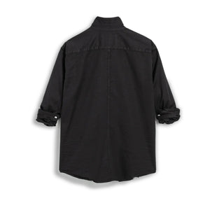 The FRANK & EILEEN Luke Men's Button Up Shirt in Famous Denim Blackout features long sleeves, a chest pocket, and rolled cuffs, shown laid flat on a white background.