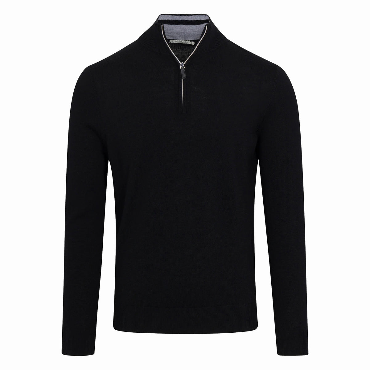 The COLLARS AND CO - CASHMERE TOUCH AUSTRALIAN MERINO 1/4 ZIP SWEATER by COLLARS AND CO is a black long-sleeve quarter zip sweater featuring a stand-up collar, crafted from Cashmere Touch Australian Merino wool and shown on a plain white background.