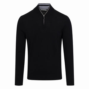The COLLARS AND CO - CASHMERE TOUCH AUSTRALIAN MERINO 1/4 ZIP SWEATER by COLLARS AND CO is a black long-sleeve quarter zip sweater featuring a stand-up collar, crafted from Cashmere Touch Australian Merino wool and shown on a plain white background.