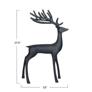 The CREATIVE COOP BLACK RESIN STANDING DEER features a minimalist large sculpture with long, stylized antlers and a textured surface, displayed against a plain white background.