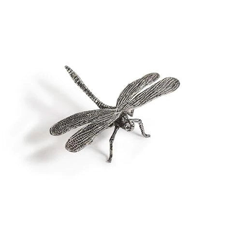The ZODAX ANTIQUE PEWTER DRAGONFLY features detailed wings and body, shown on a light gray textured background, and fits perfectly in a compact container or small storage box like a 4.75-inch box.
