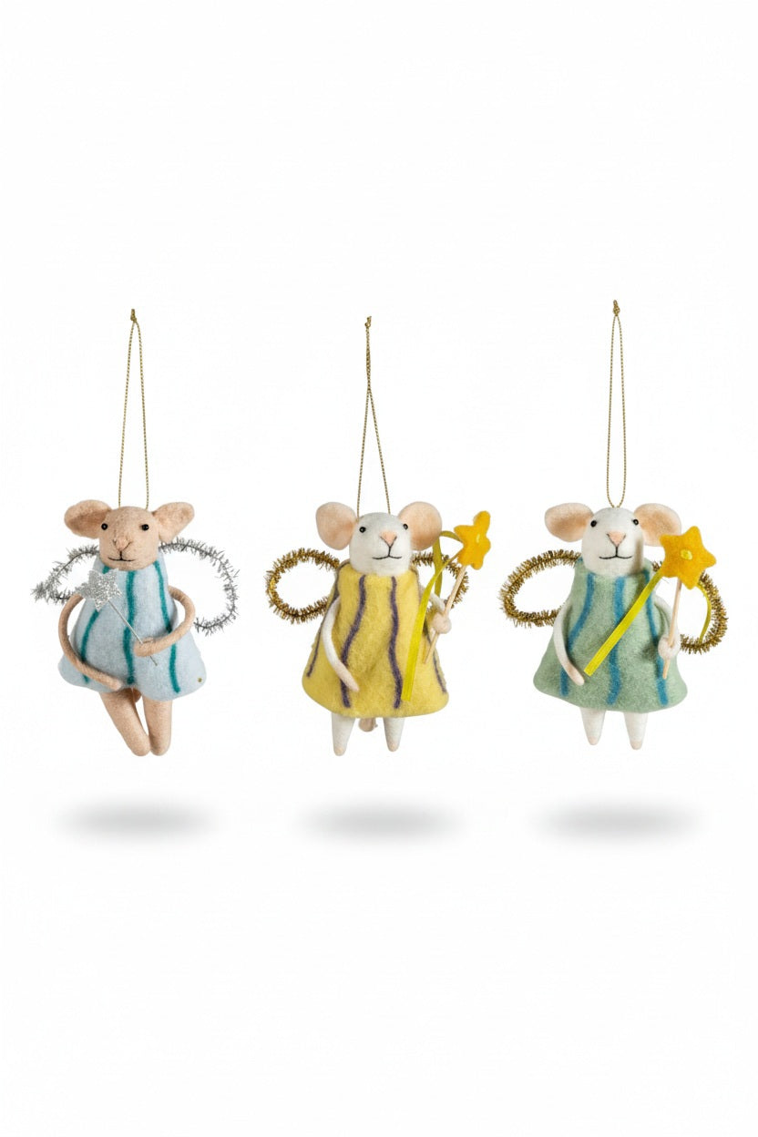Three FELT FAIRY MOUSE ORNAMENT handcrafted decorations wearing dresses and wings while holding star wands.