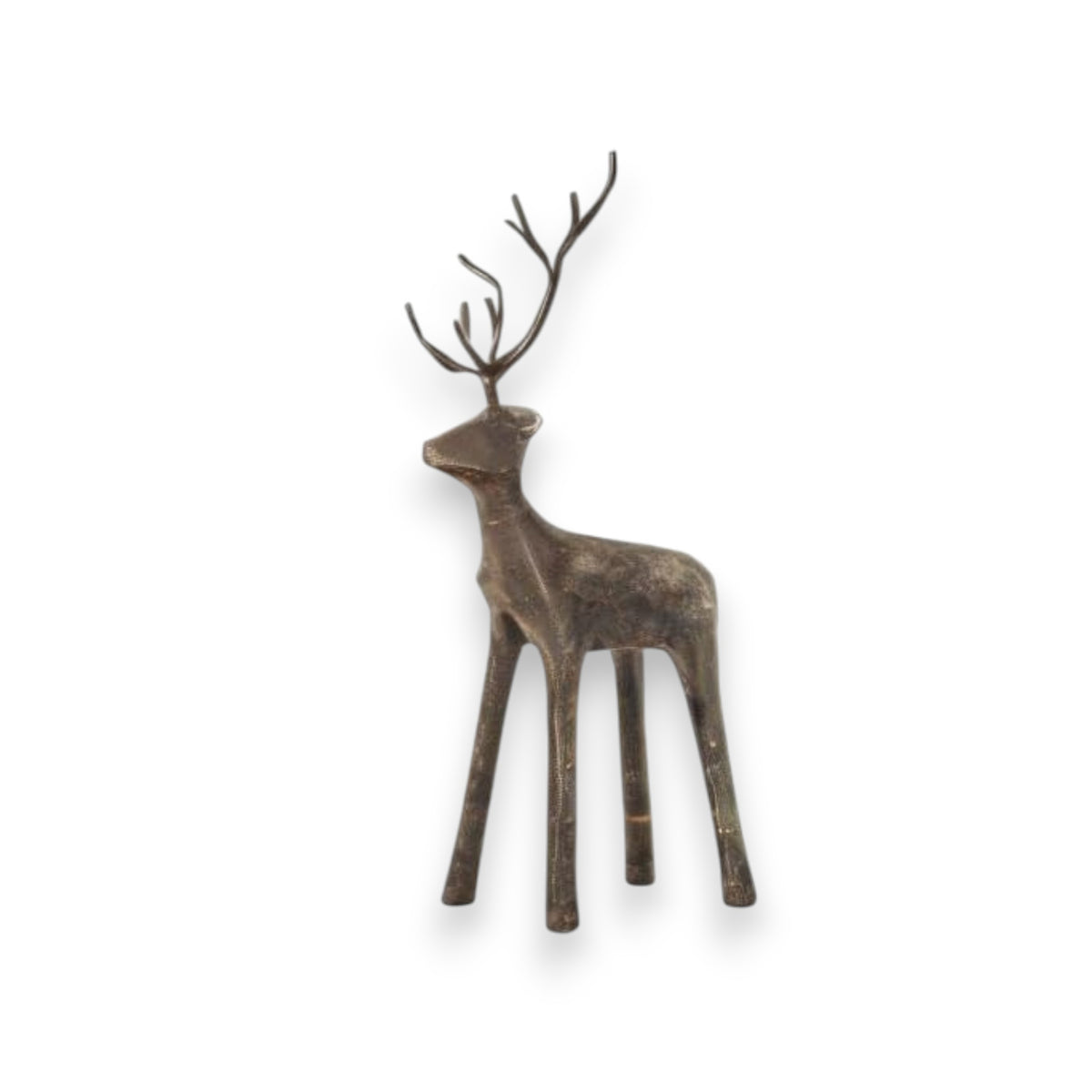 The CREATIVE COOP STANDING CAST IRON DEER features long, narrow legs and tall branching antlers, making it a striking festive decoration that adds elegance to your space. Displayed against a plain white background.
