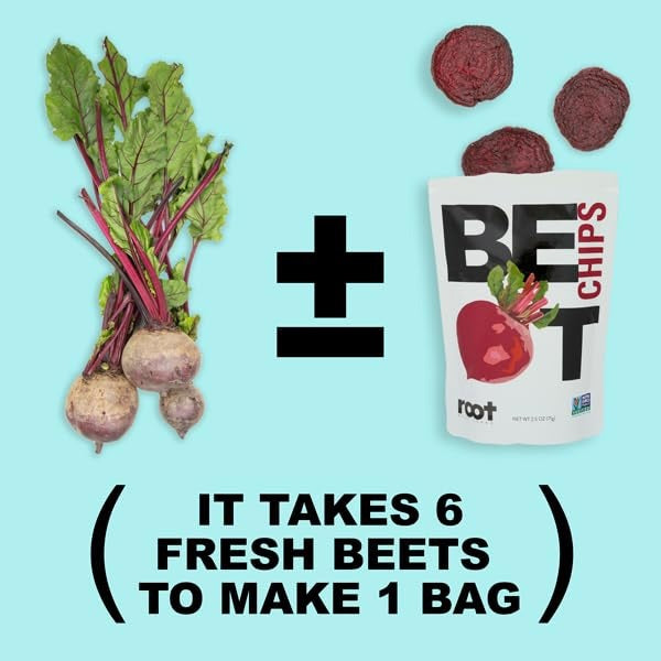 A white bag of ROOT FOODS - BEET CHIPS from ROOT FOODS features a large beet illustration and bold black and red “BEET CHIPS” text. Made with avocado oil, these Non-GMO and gluten-free veggie chips display their certification symbols prominently at the top and bottom of the packaging.