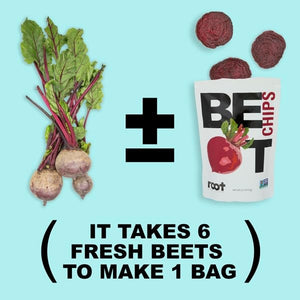 A white bag of ROOT FOODS - BEET CHIPS from ROOT FOODS features a large beet illustration and bold black and red “BEET CHIPS” text. Made with avocado oil, these Non-GMO and gluten-free veggie chips display their certification symbols prominently at the top and bottom of the packaging.