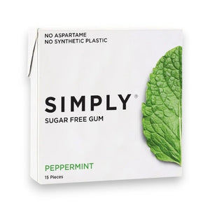 A box of SIMPLY GUM- PEPPERMINT GUM by SIMPLY GUM rests on a green leaf background, highlighting its bold peppermint flavor for irresistibly fresh breath. Overlay text showcases key features: Kosher, Vegan, Aspartame Free, and Non-GMO. The 15-piece box features a mint leaf design and delivers the perfect flavor-packed snack.