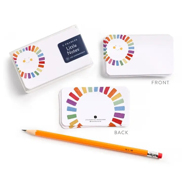 The E. FRANCES PAPER Little Notes Rainbow Sun mini card features a half-circle of colorful textured rectangles in rainbow order along the top and sides, with "Little Notes® by E. Frances Paper. Please Recycle Me." printed in the center. "Back" shown below.