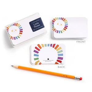 The E. FRANCES PAPER Little Notes Rainbow Sun mini card features a half-circle of colorful textured rectangles in rainbow order along the top and sides, with "Little Notes® by E. Frances Paper. Please Recycle Me." printed in the center. "Back" shown below.