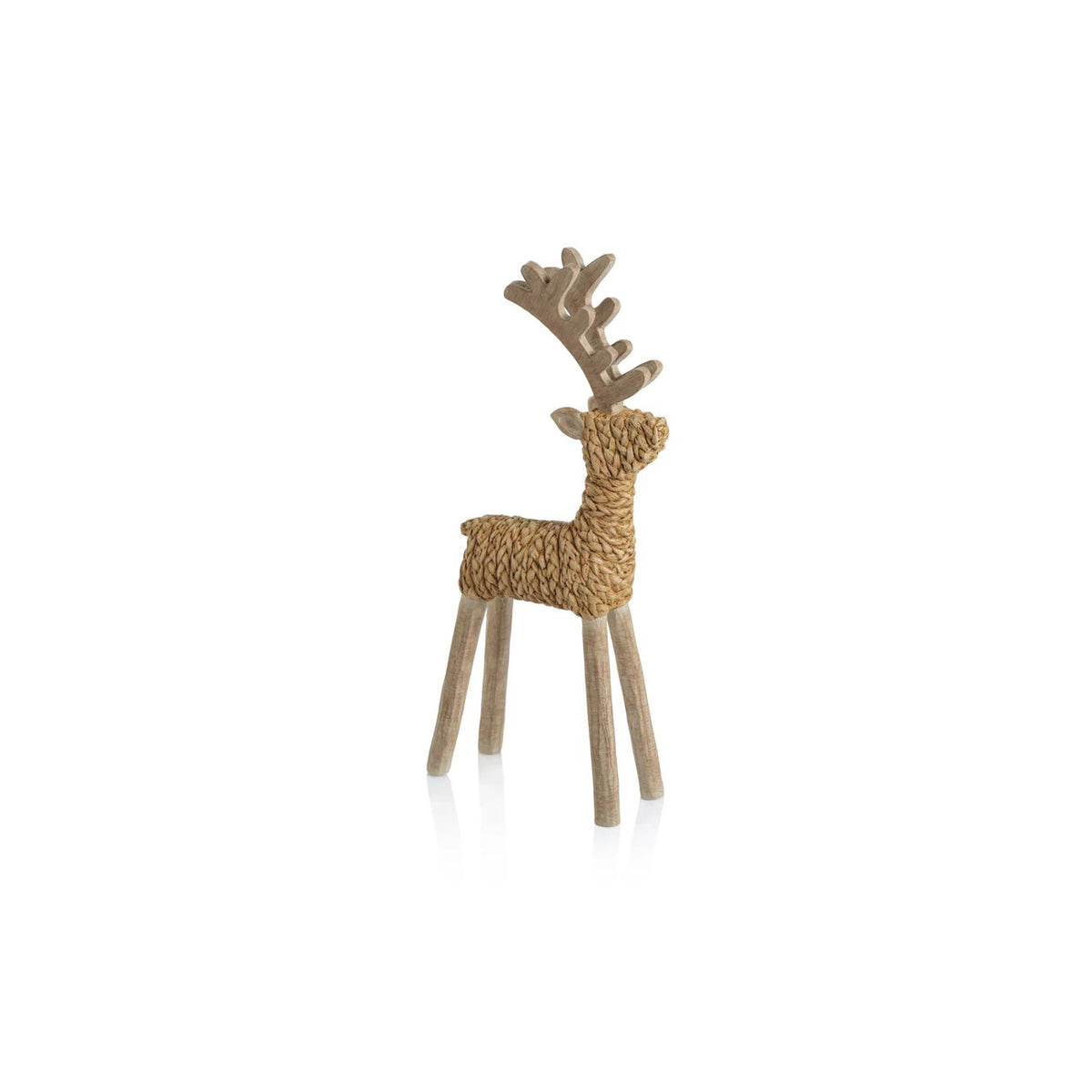 The ZODAX STANDING DEER 9.5 is a decorative 4&quot; x 9.5&quot; reindeer figurine made from textured natural materials, featuring a woven body, wooden legs, and stylized antlers, standing upright on a white background.