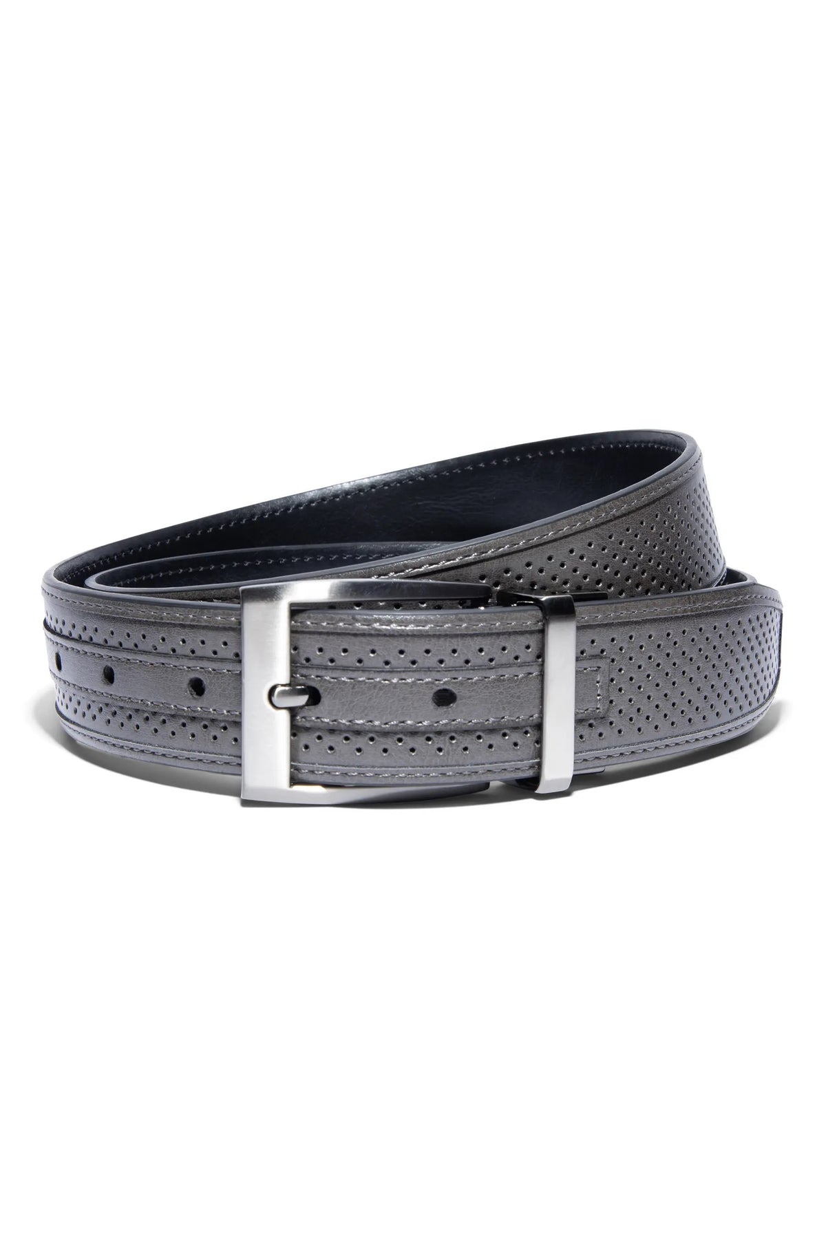 The WILL LEATHER GOODS - NIKE REVERSIBLE TOUR PERFORMANCE GOLF BELT IN GREY AND BLACK, coiled neatly on a white background, features a sleek silver buckle and subtle perforated detailing.