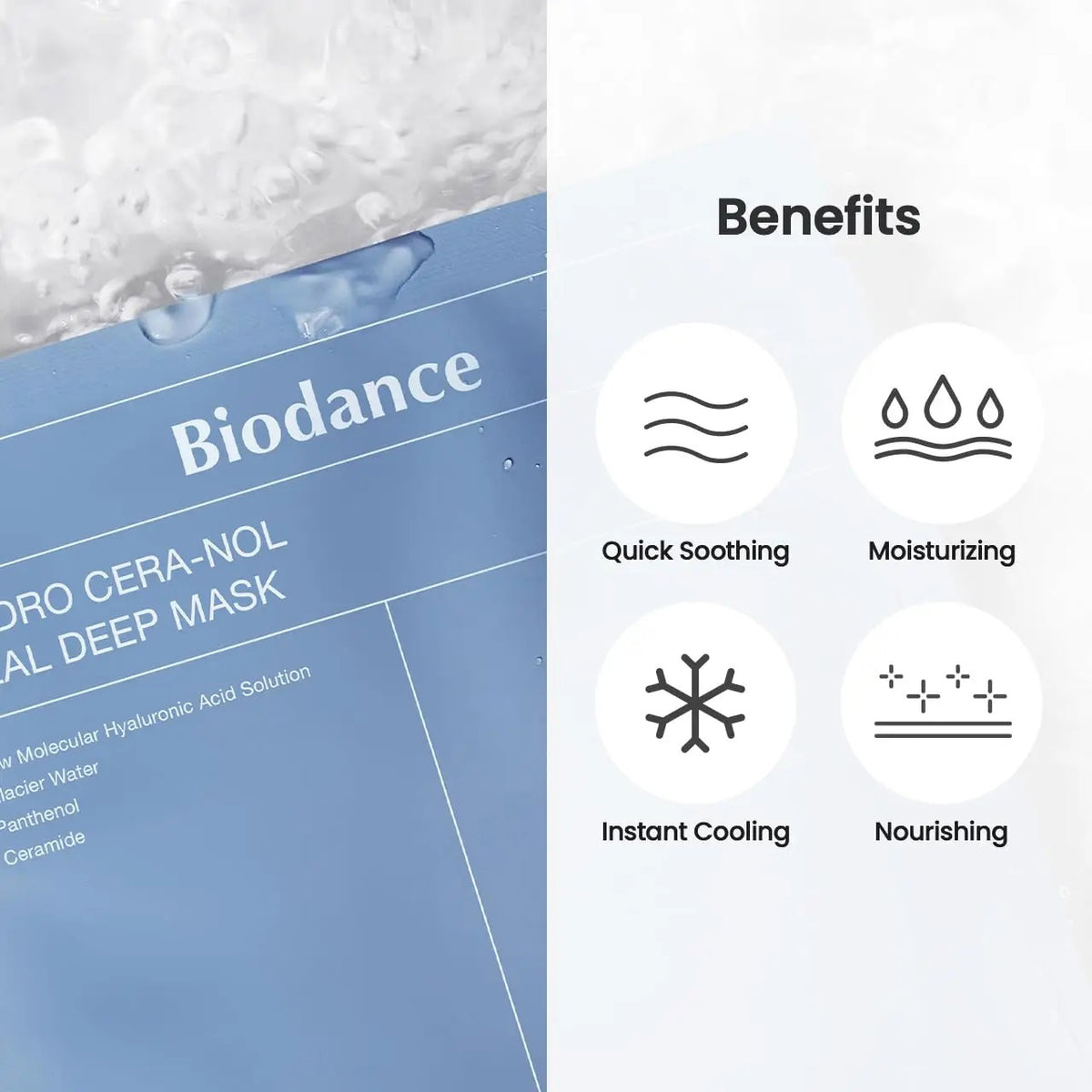 The blue and white packaging for GLOWISS&#39;s BIODANCE Hydro Cera-nol Real Deep Overnight Mask is shown, highlighting its hypoallergenic formula. A closed packet with key ingredients like glacial water, hyaluronic acid, panthenol, and ceramide is in front, set against a matching box backdrop.