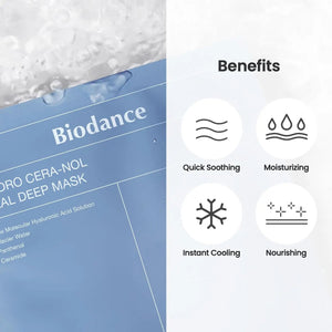 The blue and white packaging for GLOWISS's BIODANCE Hydro Cera-nol Real Deep Overnight Mask is shown, highlighting its hypoallergenic formula. A closed packet with key ingredients like glacial water, hyaluronic acid, panthenol, and ceramide is in front, set against a matching box backdrop.