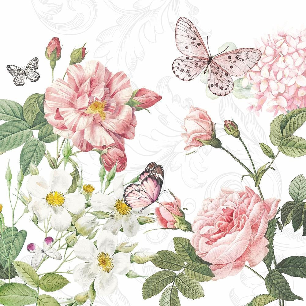 Delicate pink and white flowers with green leaves encircle butterflies and a petite moth in this graceful illustration set against a white background with subtle floral patterns. The elegant design embellishes the AMELIA BEVERAGE NAPKINS by PAPER PRODUCTS DESIGN, crafted as premium 3-ply paper napkins in Holland.