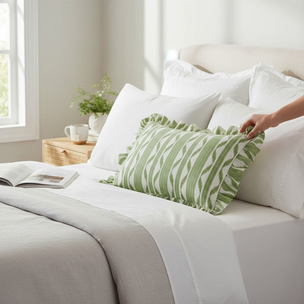 The LOOM & CLOTH IKAT Stripe Ruffled Lumbar Pillow in Green features a rectangular cotton design with green and white zigzag stripes, charming ruffled edges, and is set against a neutral background.