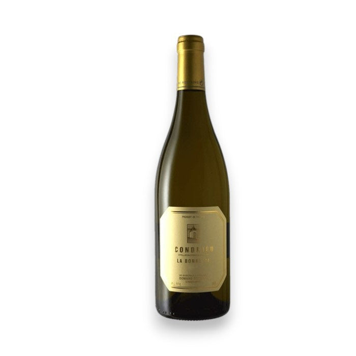 A bottle of RENE ROSTAING LA BONNETTE CONDRIEU 2022 by WINE: ADVINTAGE from Rhone, France, features a golden cap with a cream label on white. The elegant label highlights the wine's name and vineyard details.